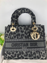 Load image into Gallery viewer, Christian Dior Grey and Black Leopard Pattern Mizza Embroidery Medium Lady D-Lite Bag Pale Gold Hardware
