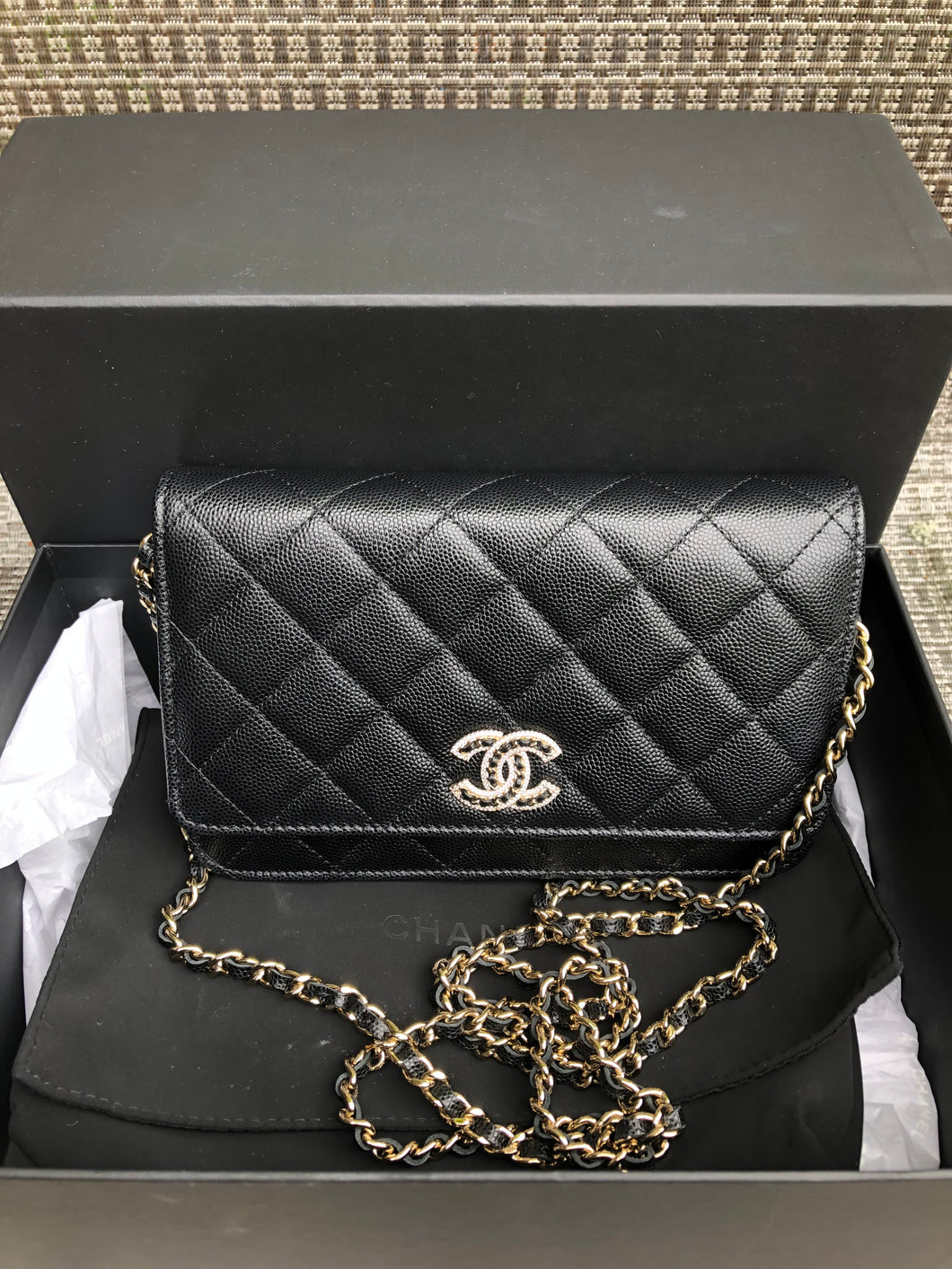 Chanel 22s black caviar crystal CC woc, wallet on chain