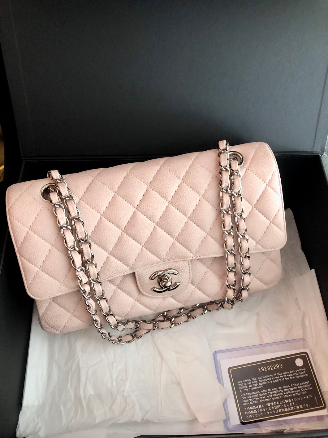 Chanel light pink sakura caviar medium classic flap, silver hdw