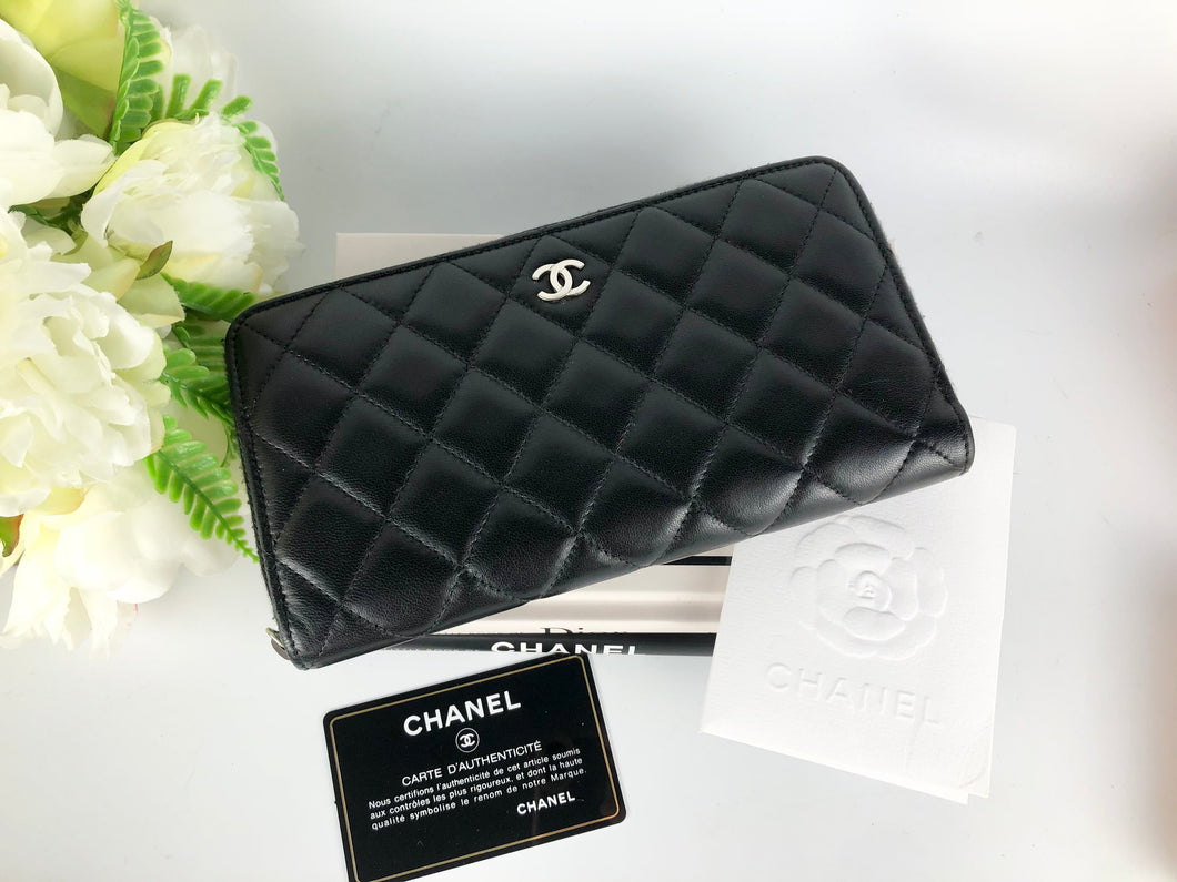 Chanel black lambskin long wallet, silver hdw