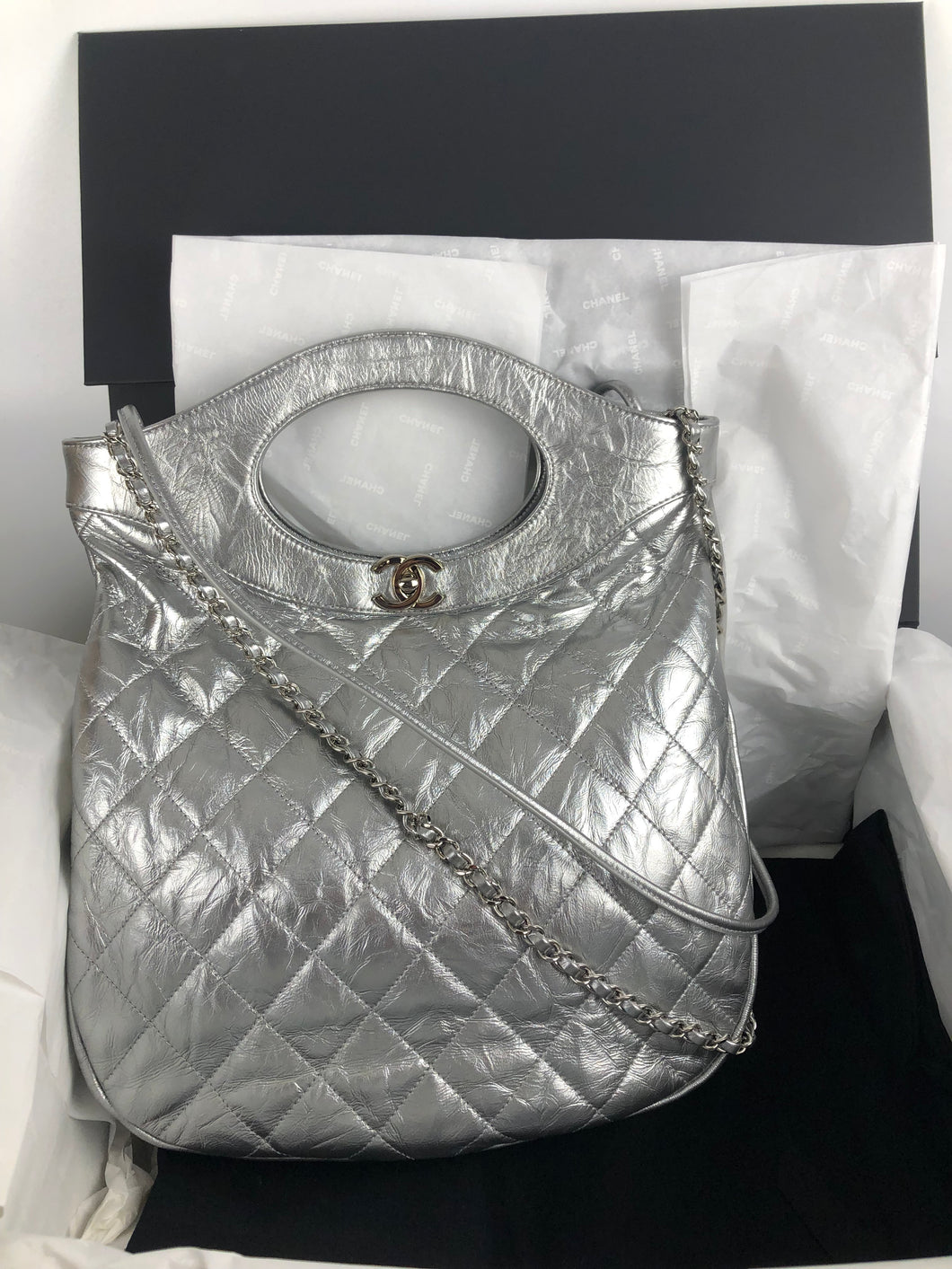 Chanel silver 31 shoulder bag, crumpled calfskin