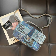 Load image into Gallery viewer, Chanel denim patchwork bag medium with silver hdw
