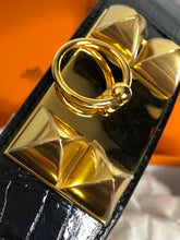 Load image into Gallery viewer, Hermes black and gold croc collier de chien belt
