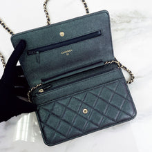Load image into Gallery viewer, Chanel black iridescent caviar wallet on chain, woc with large CC logo
