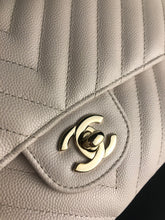 Load image into Gallery viewer, Chanel 18b ivory chevron caviar medium classic with light gold hdw
