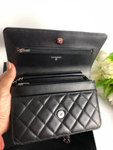 Load image into Gallery viewer, Chanel 28 series black lambskin woc, wallet on chain silver hdw
