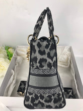 Load image into Gallery viewer, Christian Dior Grey and Black Leopard Pattern Mizza Embroidery Medium Lady D-Lite Bag Pale Gold Hardware
