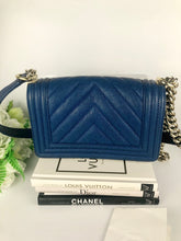 Load image into Gallery viewer, Chanel small blue caviar chevron boy, gold hdw
