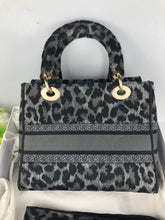 Load image into Gallery viewer, Christian Dior Grey and Black Leopard Pattern Mizza Embroidery Medium Lady D-Lite Bag Pale Gold Hardware
