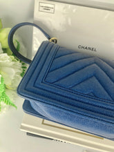 Load image into Gallery viewer, Chanel small blue caviar chevron boy, gold hdw
