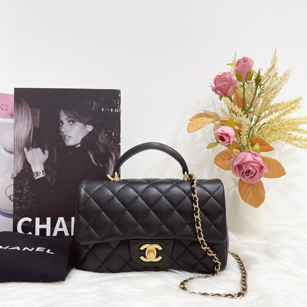 Chanel black mini lambskin, 20cm with top handle and gold hdw