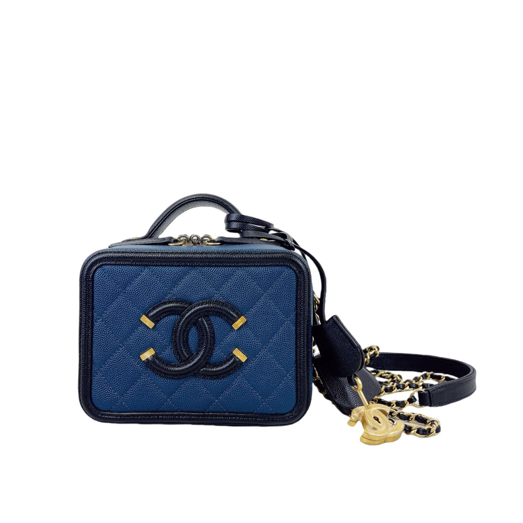 Chanel small blue filigree vanity, gold hdw