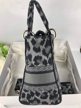 Load image into Gallery viewer, Christian Dior Grey and Black Leopard Pattern Mizza Embroidery Medium Lady D-Lite Bag Pale Gold Hardware
