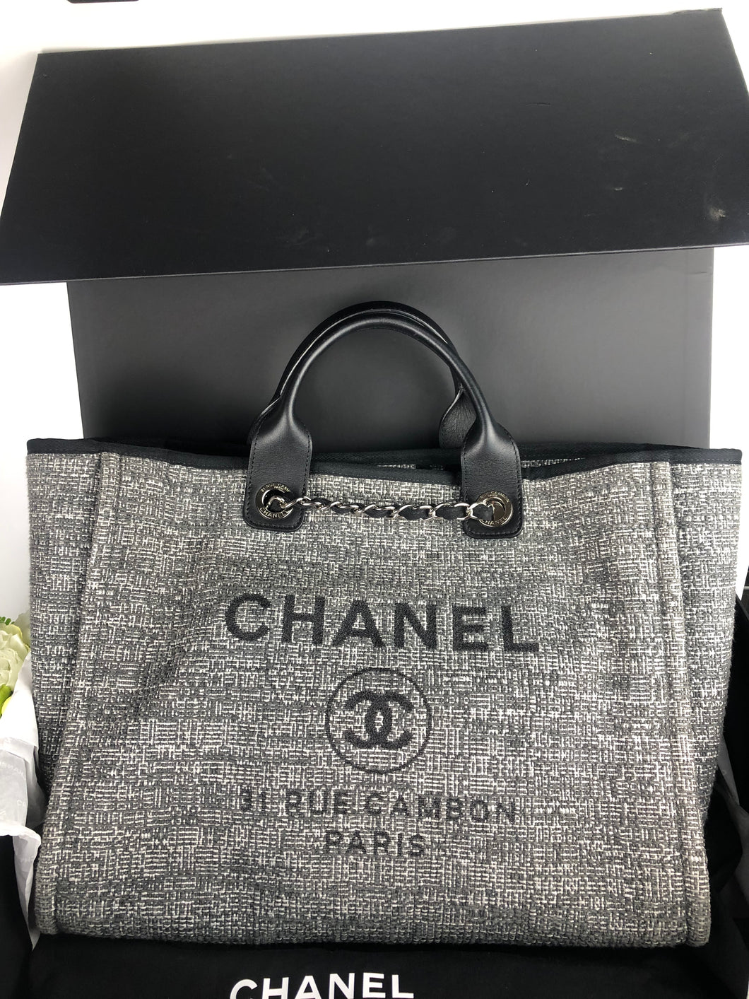 Chanel Large 24 series black and grey Deauville tote with silver hdw.