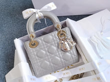 Load image into Gallery viewer, Lady Dior mini pearl grey Cannage calfskin, light gold hdw.
