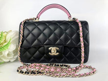 Load image into Gallery viewer, Chanel 23p black pink mini top handle lambskin, light gold hdw
