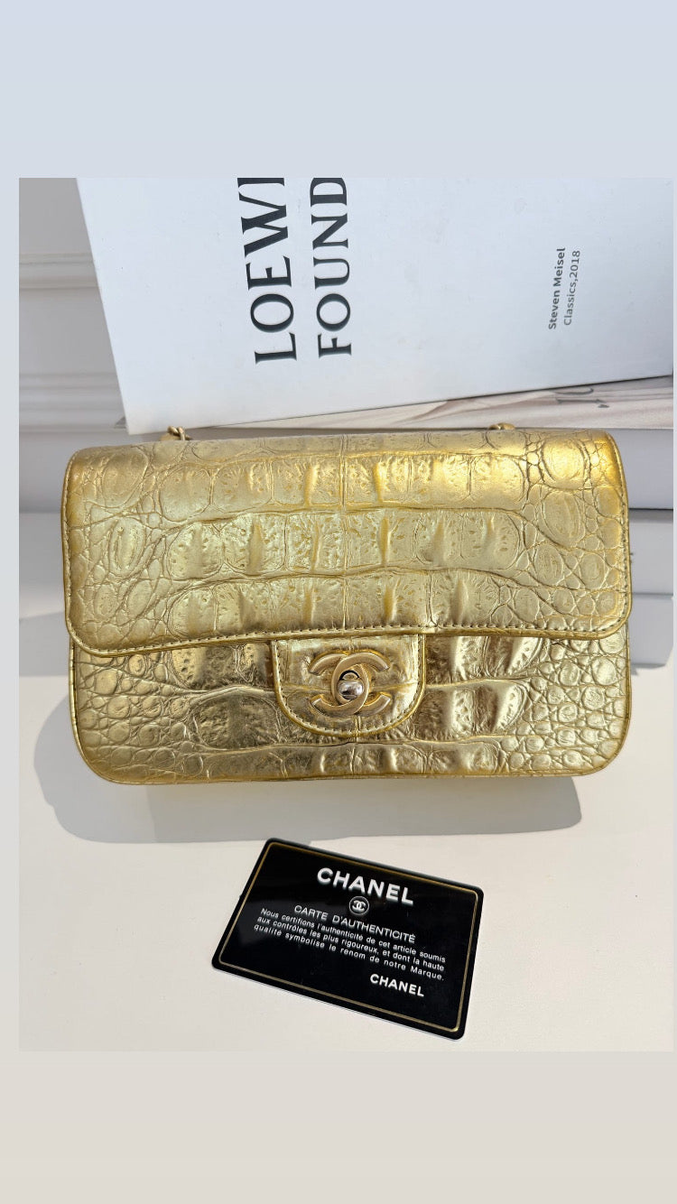 Chanel rare gold crocodile mini, aged gold hdw