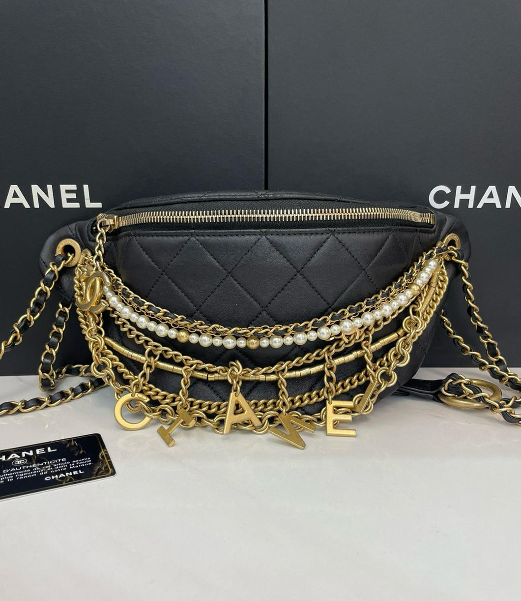 Chanel 19A black “all about chains” ancient Egypt collection. pearl bumbag