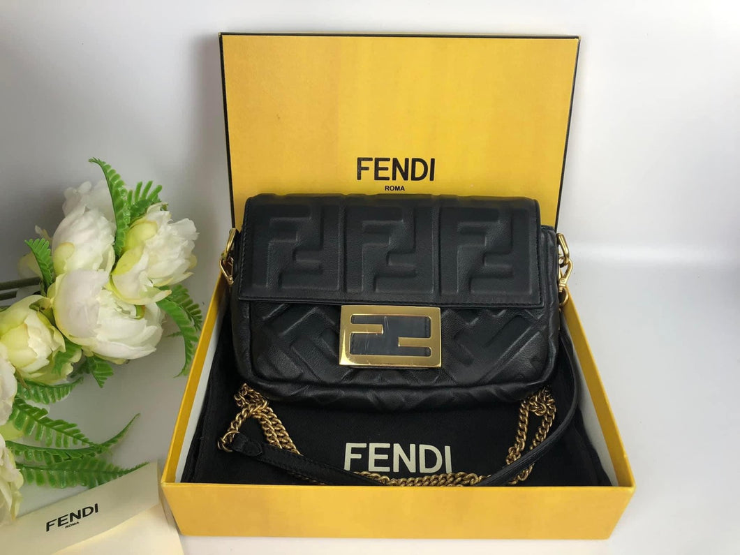 Fendi black mini baguette, gold hdw, with long strap