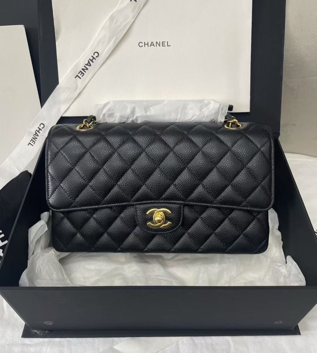 Chanel medium black caviar classic flap with gold hdw, chip