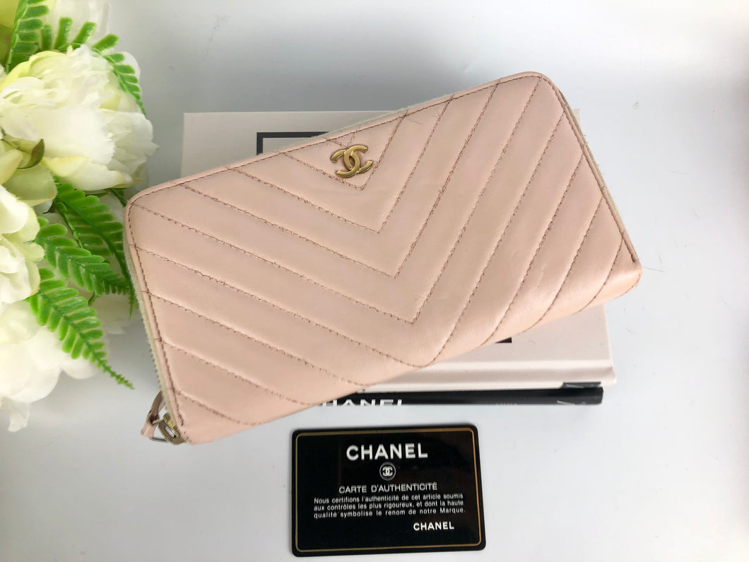 Chanel light pink chevron lambskin wallet