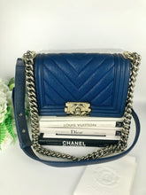 Load image into Gallery viewer, Chanel small blue caviar chevron boy, gold hdw
