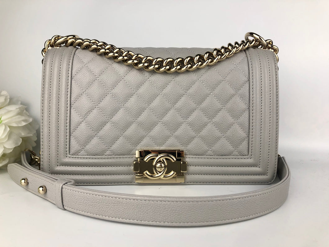 Chanel light grey old medium caviar boy, light gold hdw