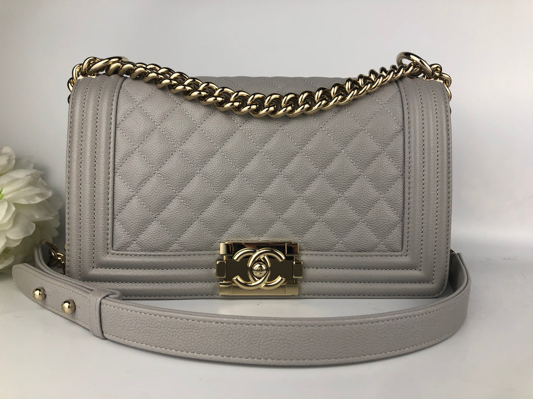 Chanel 2022 grey caviar old medium boy bag, light gold hdw