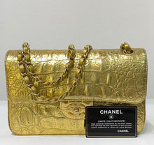 Load image into Gallery viewer, Chanel 19A very rare Egyptian Gold croc embossed calfskin small classic flap, brushed gold hdw
