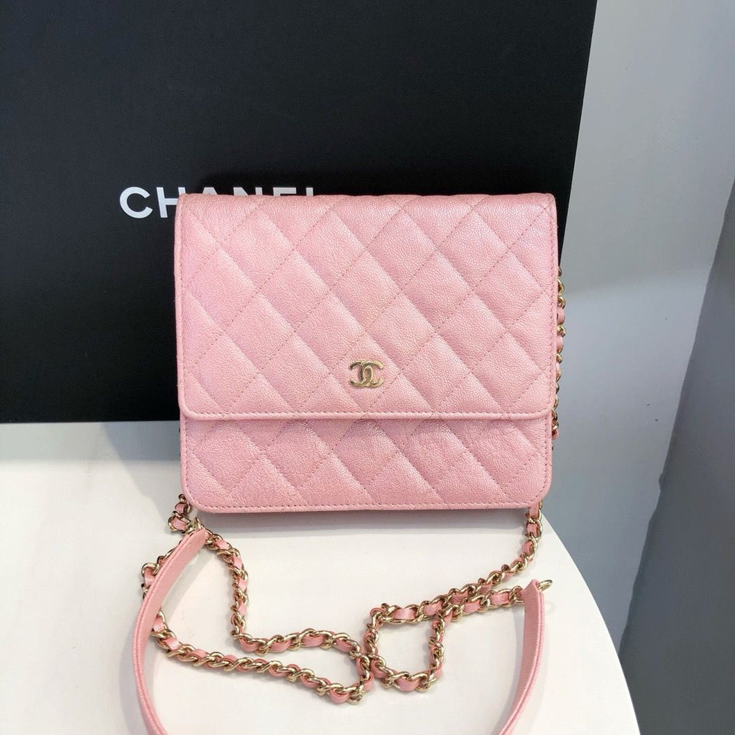 Chanel square pearl pink caviar woc (wallet on chain) gold hdw