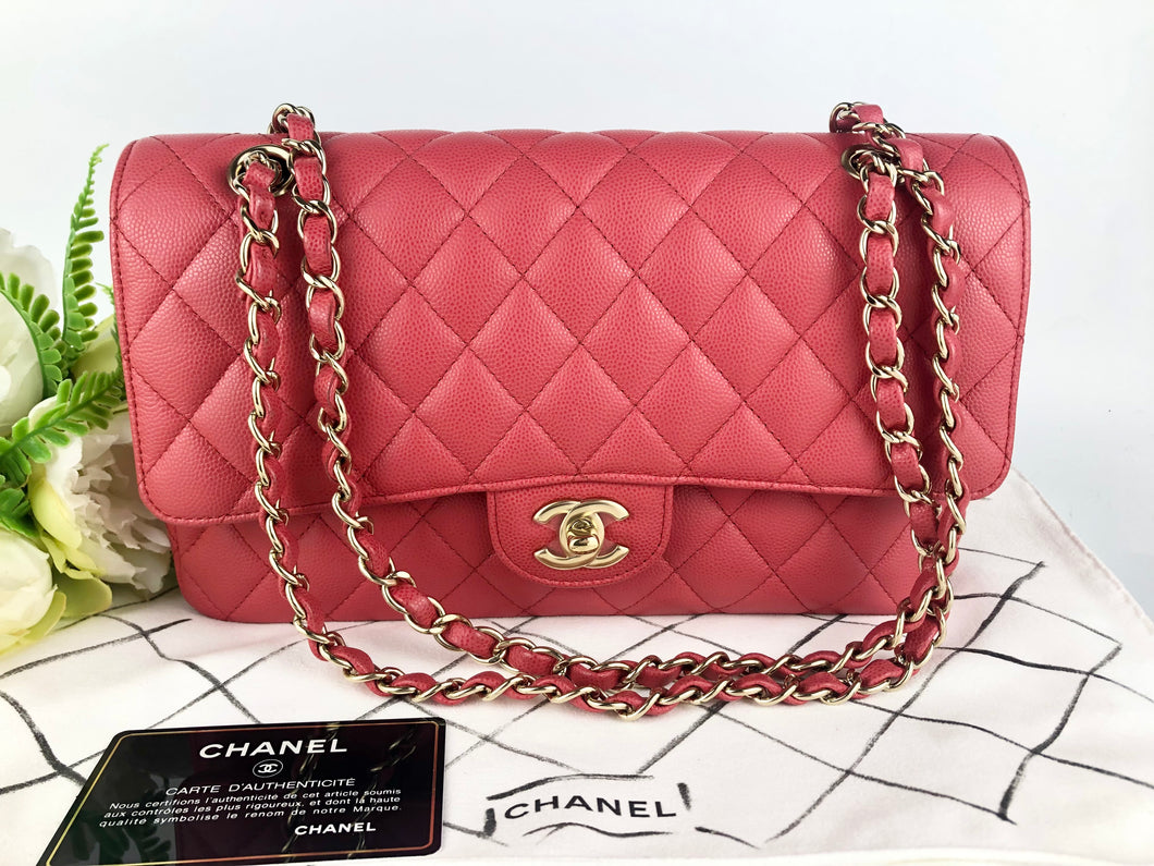 Chanel 23 series dark pink edge stitched caviar medium classic, gold hdw