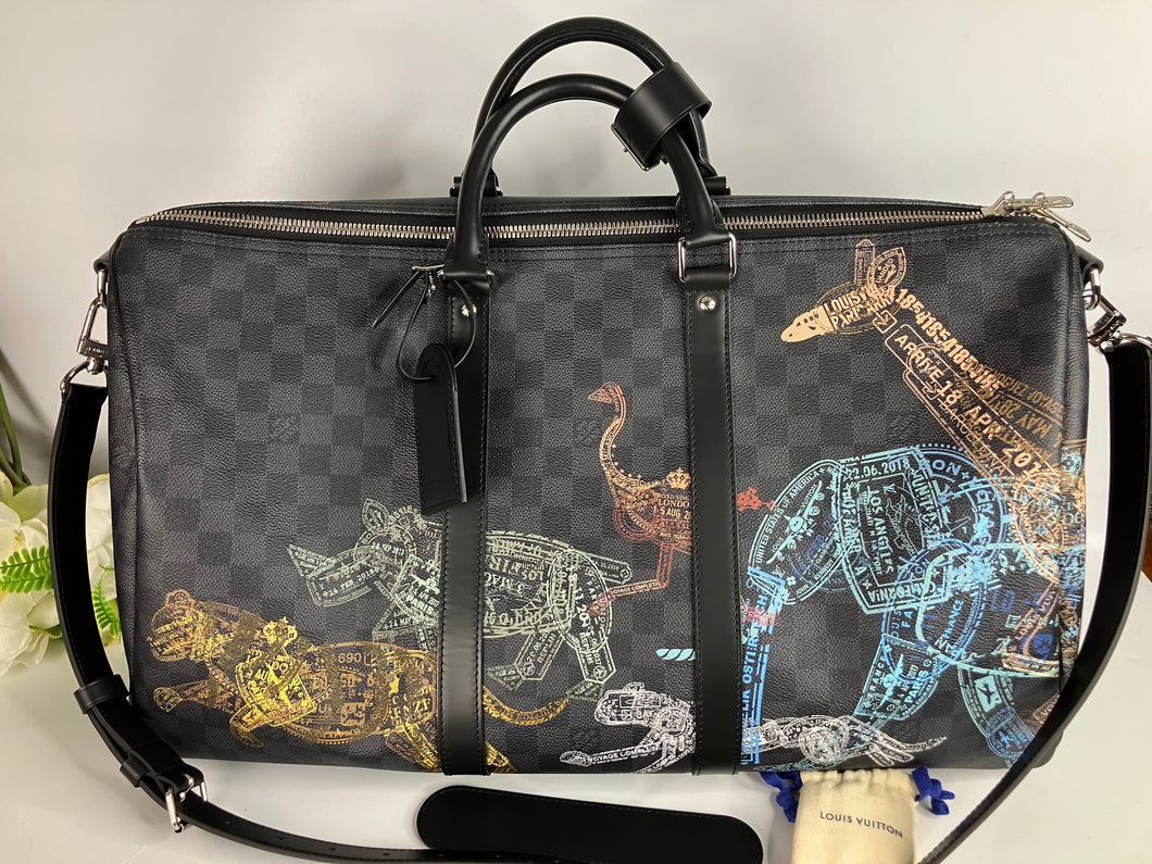 Limited Edition Louis Vuitton Damier Graphite Stamps Keepall Bandouliere 50