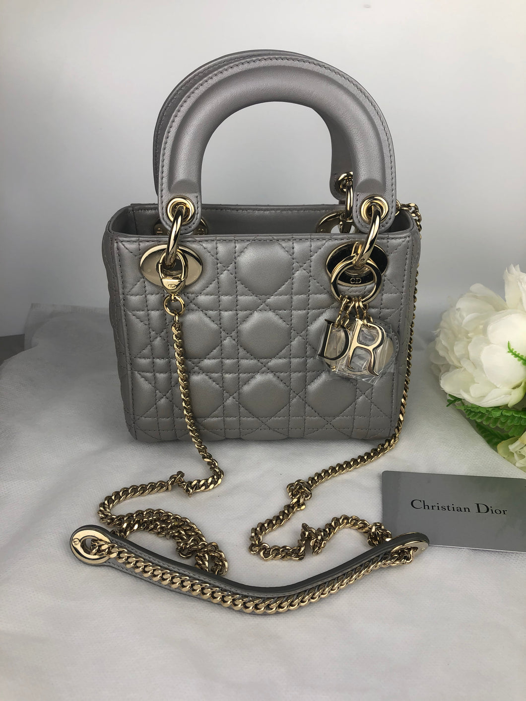 Lady Dior mini pearl grey, gold hdw