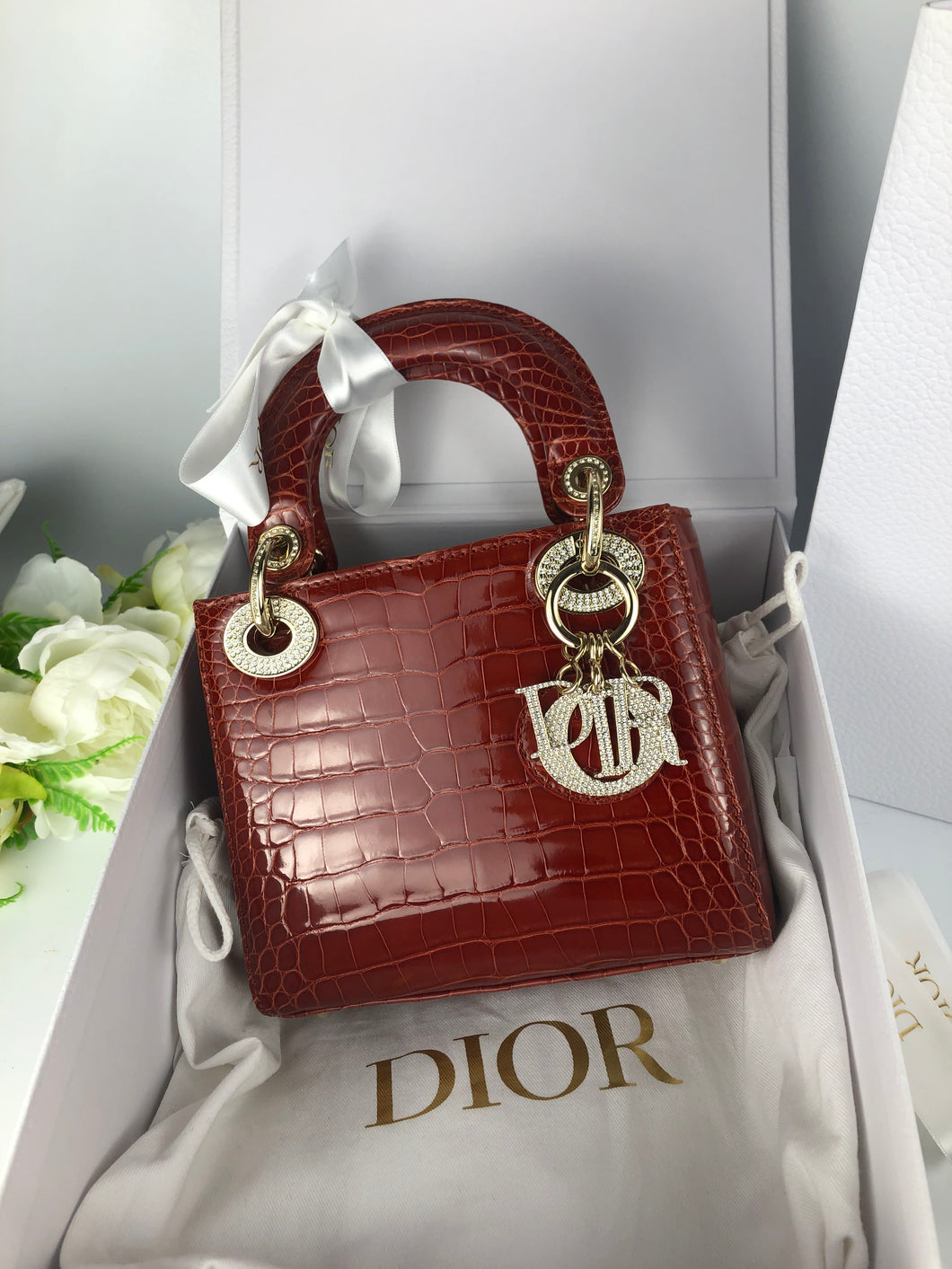 Lady Dior red mini exotic crocodile, full set