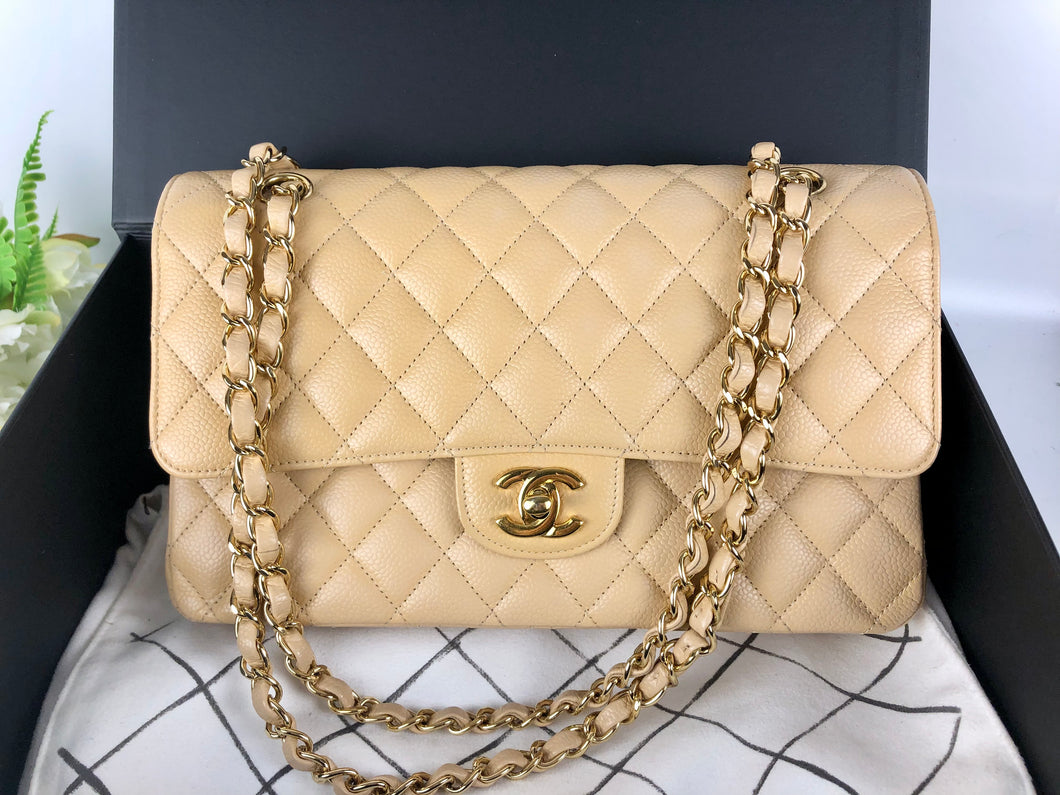 Chanel beige caviar medium classic flap, gold hdw