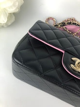 Load image into Gallery viewer, Chanel 23p black pink mini lambskin top handle, light gold hdw
