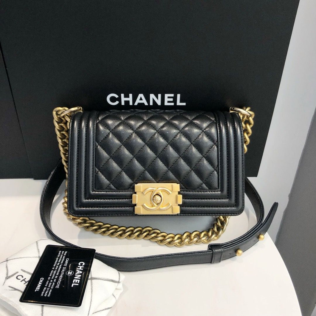 Chanel small black caviar boy bag, with gold hdw