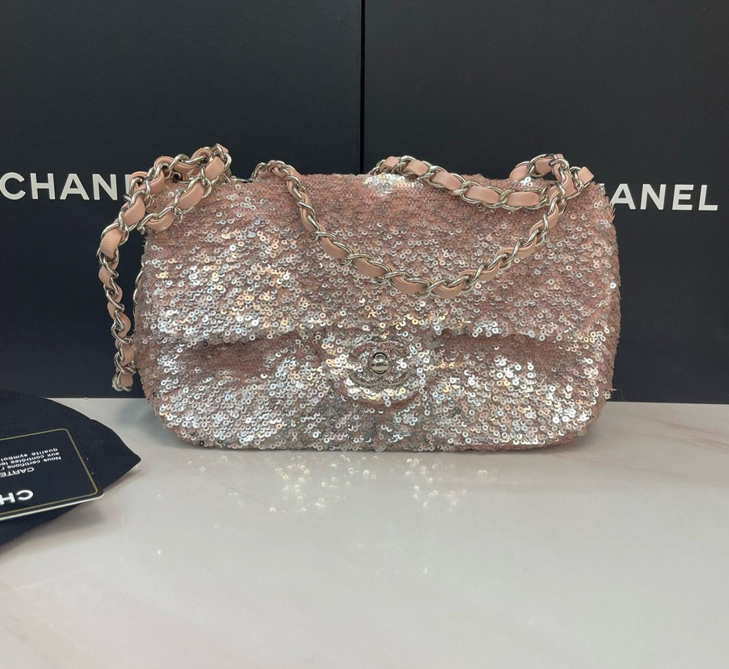 Chanel pink sequin small flap, silver hdw