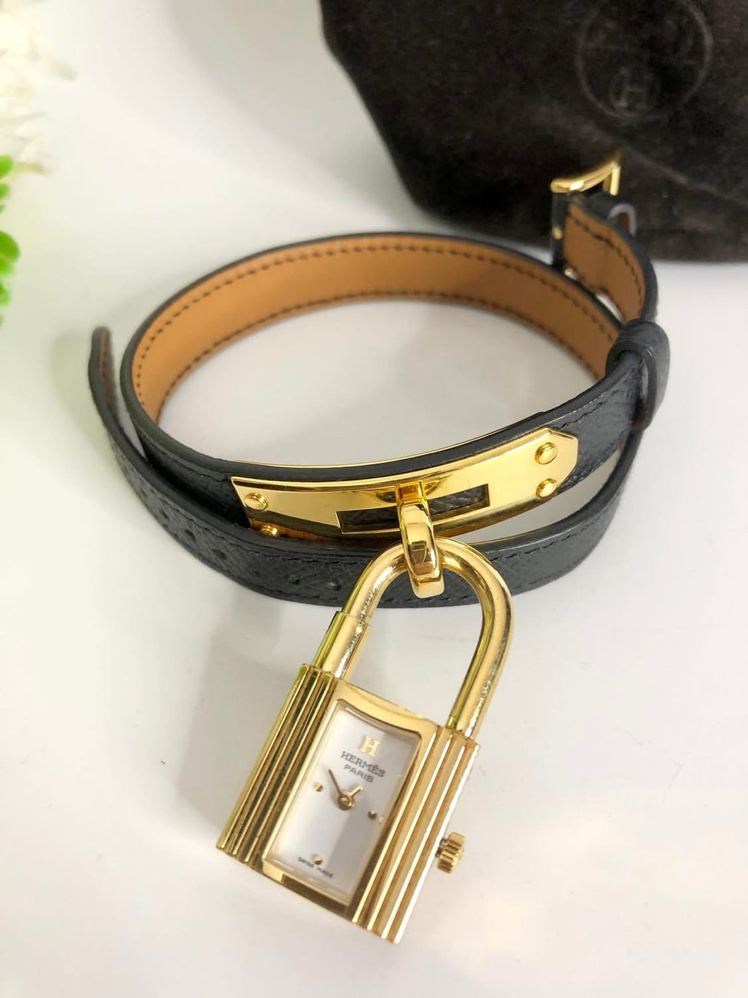 Hermes black leather strap Kelly watch, gold hdw