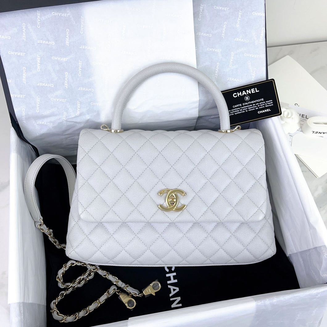 Chanel medium grey caviar coco handle, light gold hdw.
