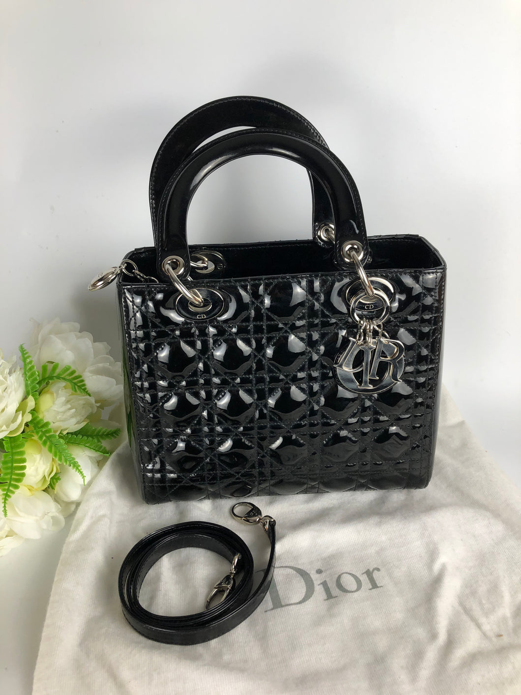 Lady Dior medium black patent, silver hdw