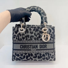 Load image into Gallery viewer, Christian Dior Grey and Black Leopard Pattern Mizza Embroidery Medium Lady D-Lite Bag Pale Gold Hardware
