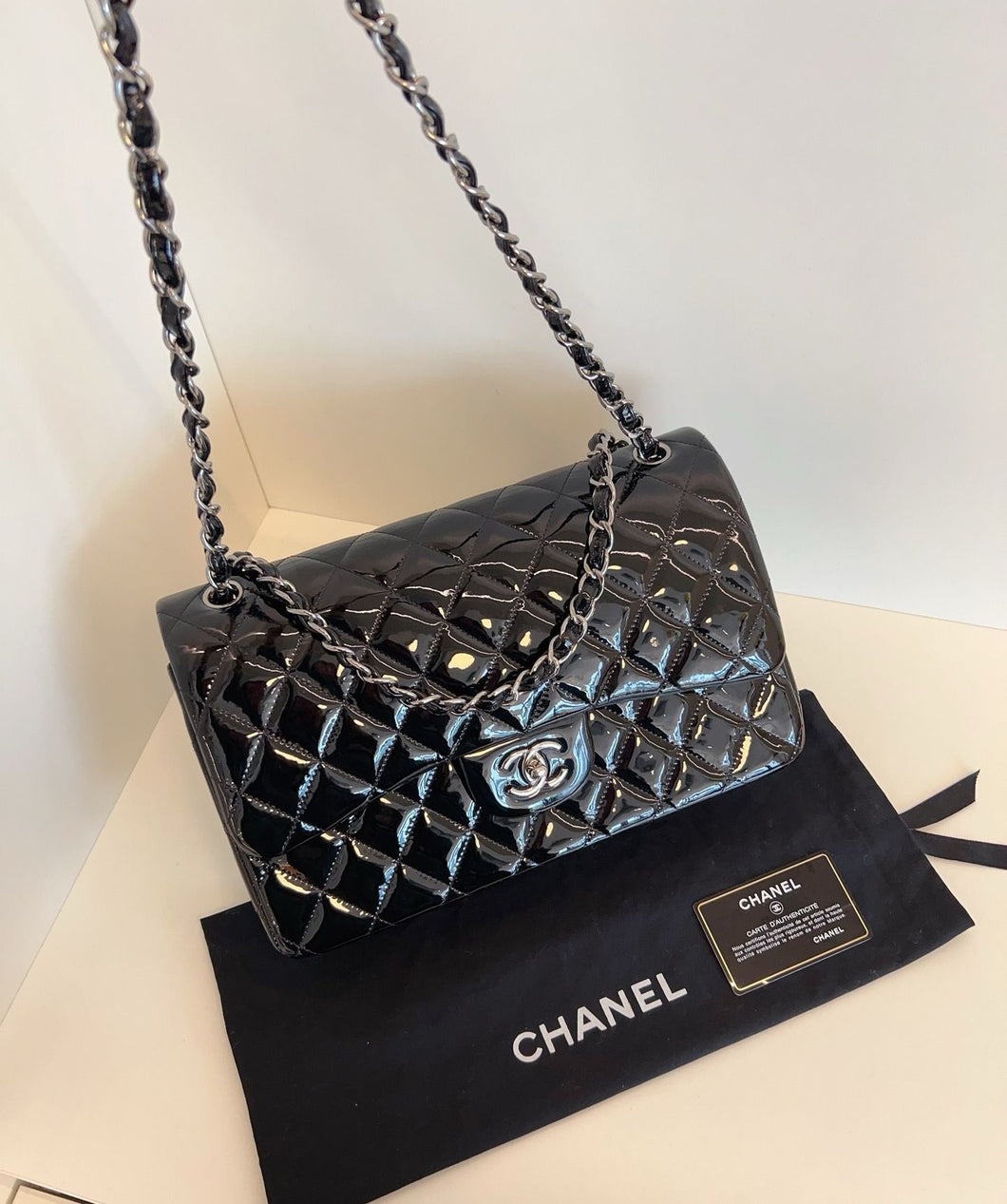 Chanel black patent jumbo, silver ruthenium hdw