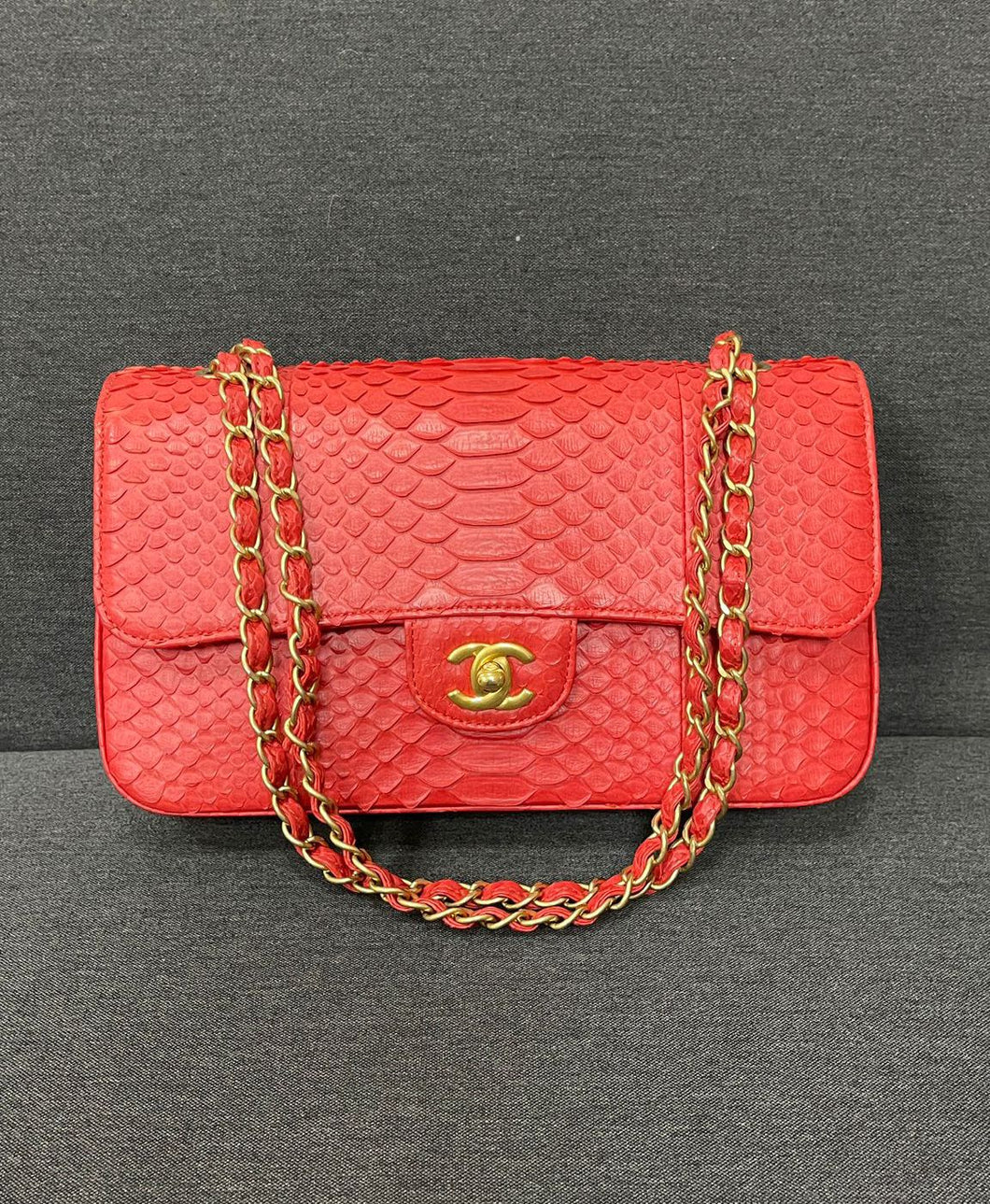 Chanel red exotic snakeskin medium, with gold hdw