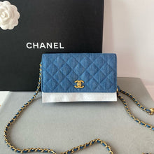 Load image into Gallery viewer, 22c Chanel denim pearl crush woc wallet on chain, gold hdw
