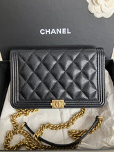 Load image into Gallery viewer, Chanel black caviar boy woc (wallet on chain) with aged gold hdw
