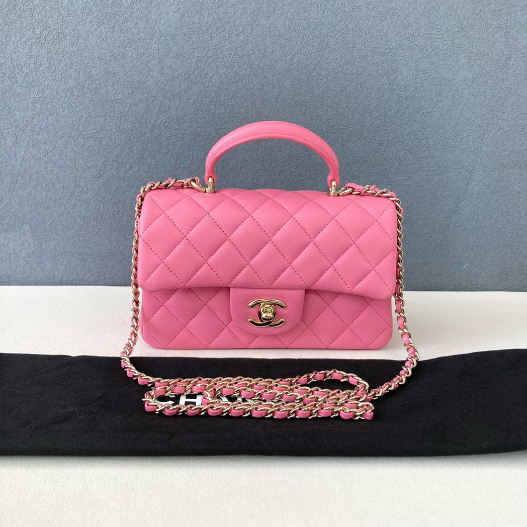 Chanel pink mini top handle lambskin, gold hdw