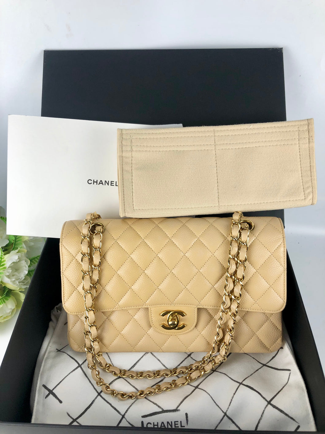 Chanel beige caviar medium classic flap, gold hdw