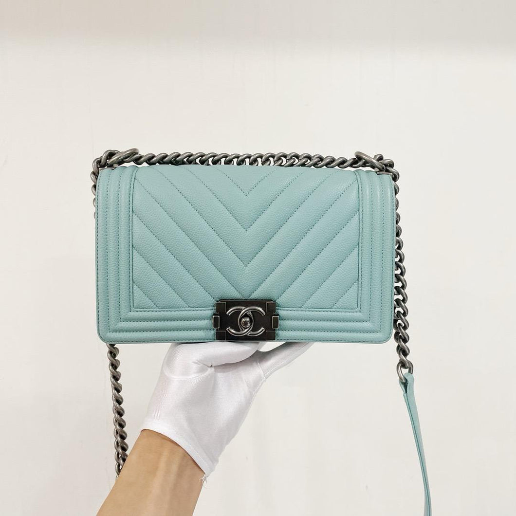 Chanel old medium Tiffany blue caviar chevron boy bag