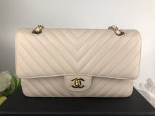 Load image into Gallery viewer, Chanel 18b ivory chevron caviar medium classic with light gold hdw
